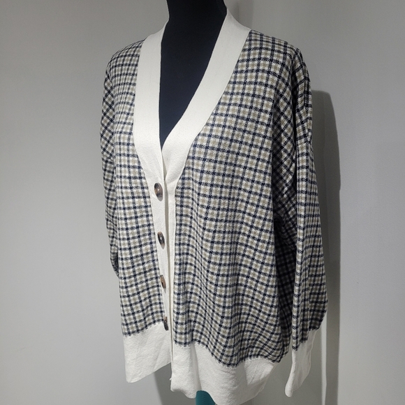 Barbour Women's Hebrides Plaid Cotton Cardigan Size 12 Cream Black Green Preppy - Picture 3 of 13